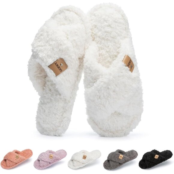 ⚡Women’s White Faux Fur Cozy Fuzzy Cross Band Slippers Indoor House Shoes - Picture 1 of 6